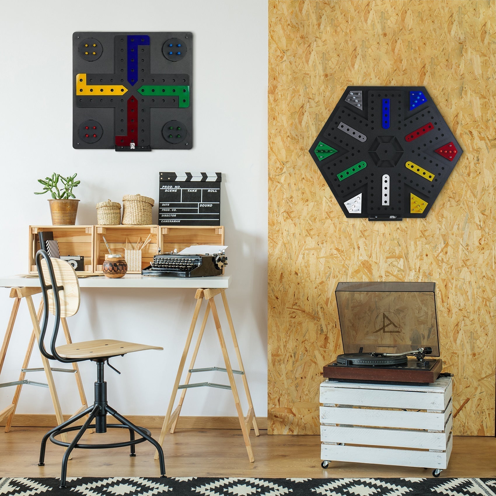 Black hexagonal ludo wall game with colorful segmented paths and holes for gameplay and hanging instructions