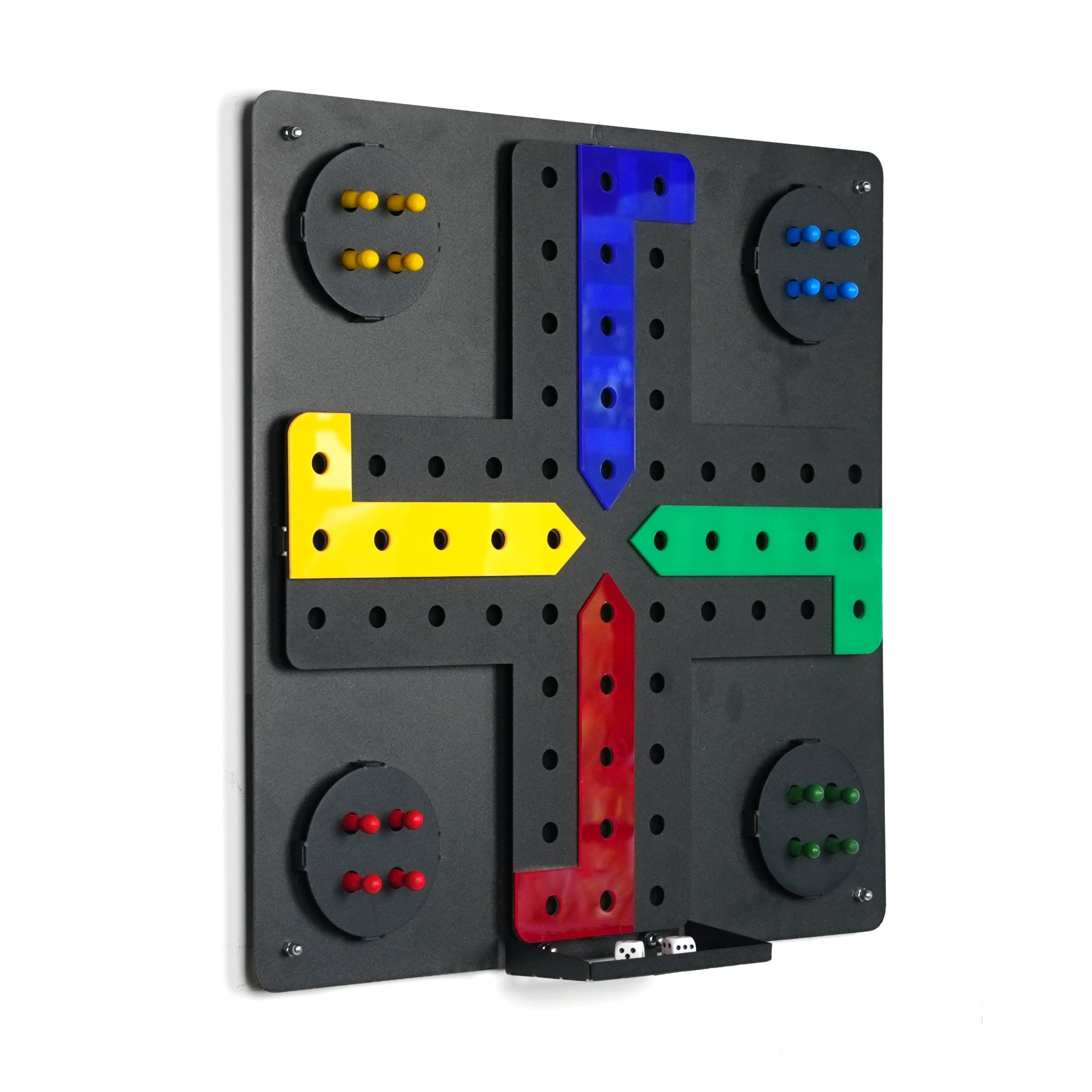 Black wall-mounted ludo wall game with colorful glossy paths and matching circular storage, easy hanging instructions included