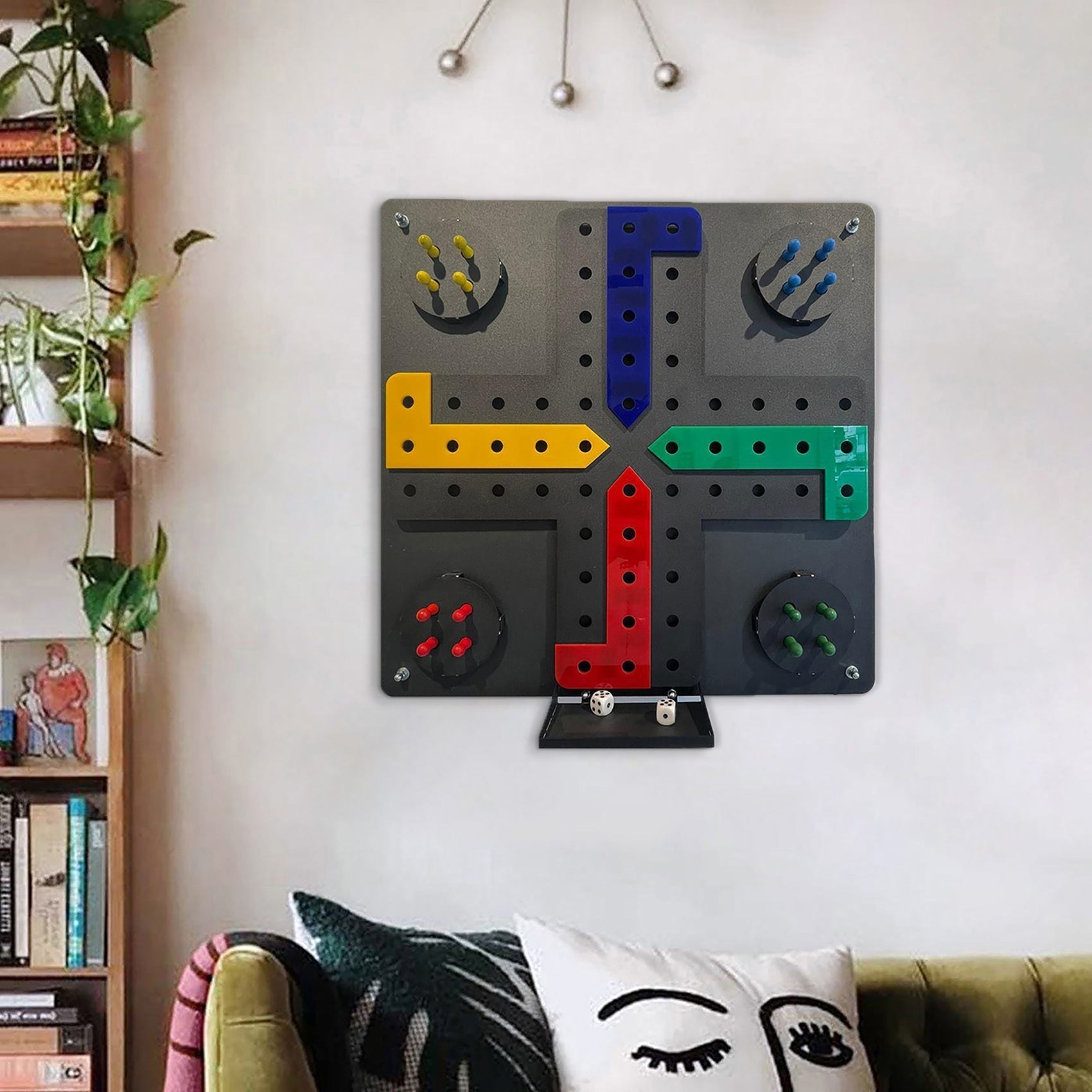 Gray wall-mounted ludo wall game with colorful blue yellow green and red paths and easy hanging instructions