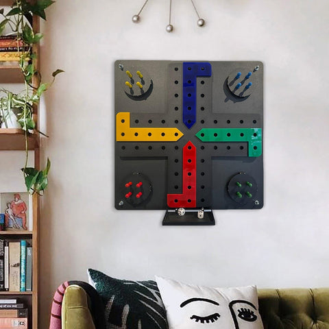 Gray wall-mounted ludo wall game with colorful blue yellow green and red paths and easy hanging instructions