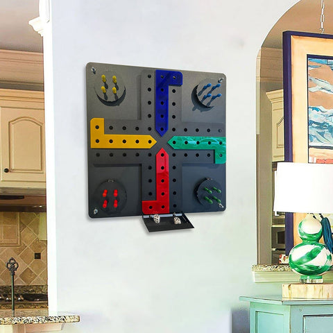 Wall-mounted metal ludo wall game board with colorful red yellow blue green paths and simple hanging instructions
