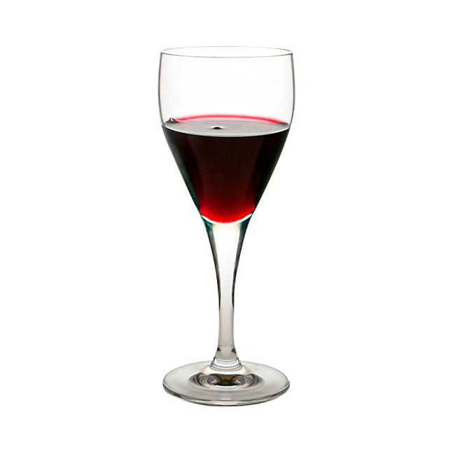 A clear glass wine goblet filled with deep red wine from the luigi bormioli crystalite set of 6