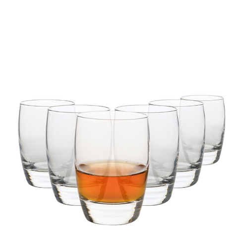 Clear glass luigi bormioli whisky tumblers 265ml set of 6 with sturdy base one filled with amber liquid