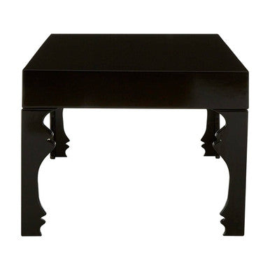 Black high gloss coffee table with ornate carved legs and lacquered finish perfect for stylish living rooms