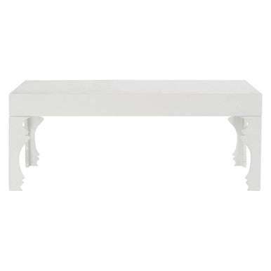 White lacquered wooden bench with ornate carved legs in a white high gloss finish perfect as a gloss finish coffee table alternative