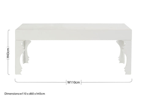 White high gloss coffee table with ornate carved legs and smooth gloss finish ideal for stylish living rooms