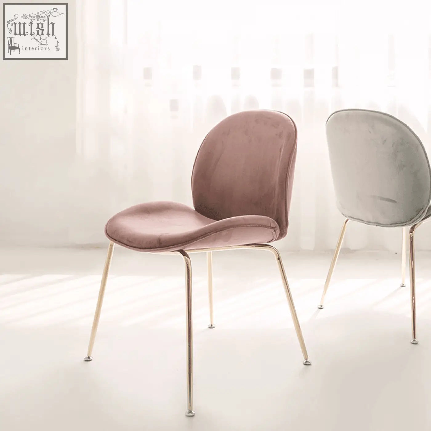 A soft pink velvet lule dining chair with sleek curved design and slender painted steel gold legs