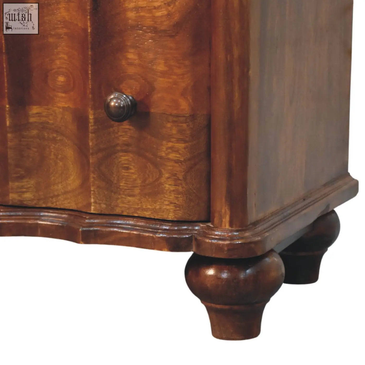 Antique-style lume 3 drawer chest in warm brown wood with visible grain patterns and rich finish