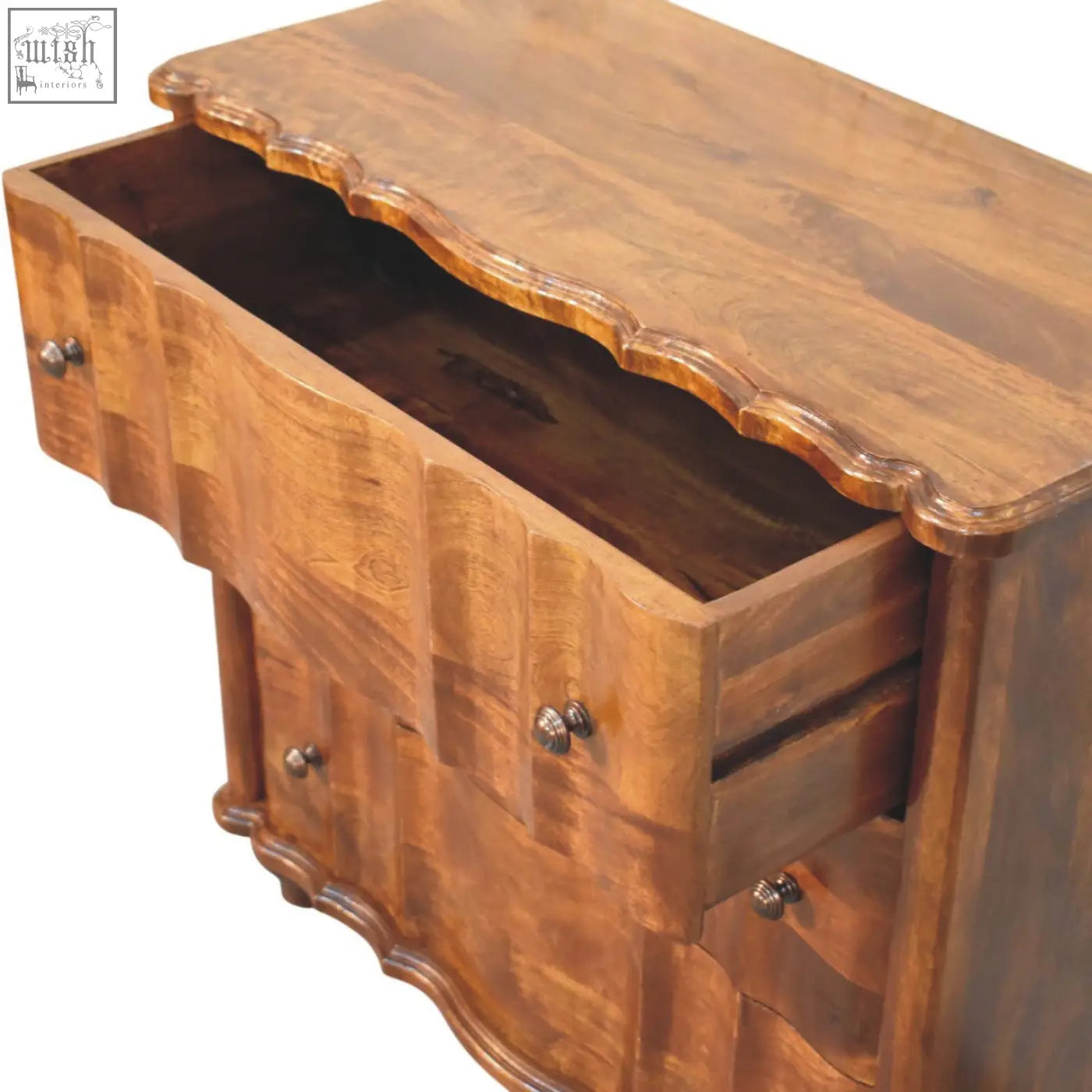 Lume 3 drawer chest wooden dresser with rich warm brown finish and ornate curved edges in antique style