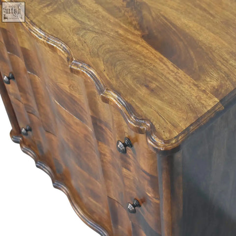 Antique style wooden lume 3 drawer chest with warm brown finish and elegant curved edges sideboard