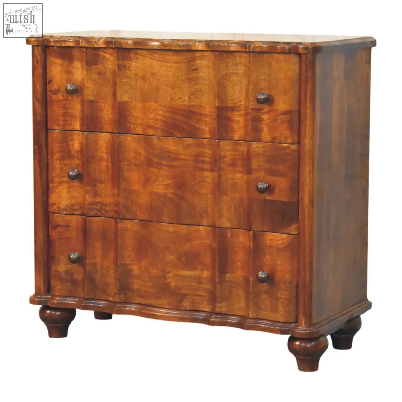 Lume 3 drawer chest is an antique style wooden chest with three tiers of six drawers and dark bronze knobs