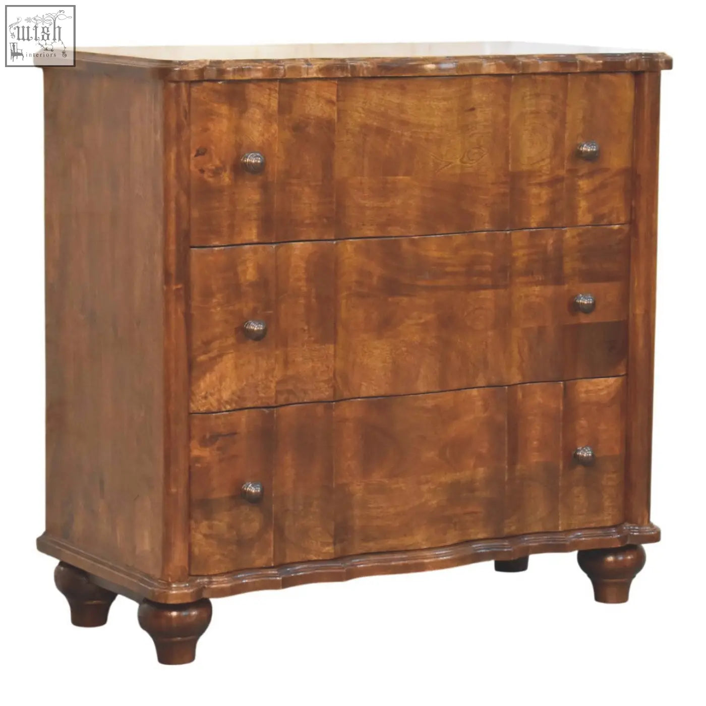 Lume 3 drawer chest antique-style wooden chest of drawers with three tiers and silver-toned ornate knobs