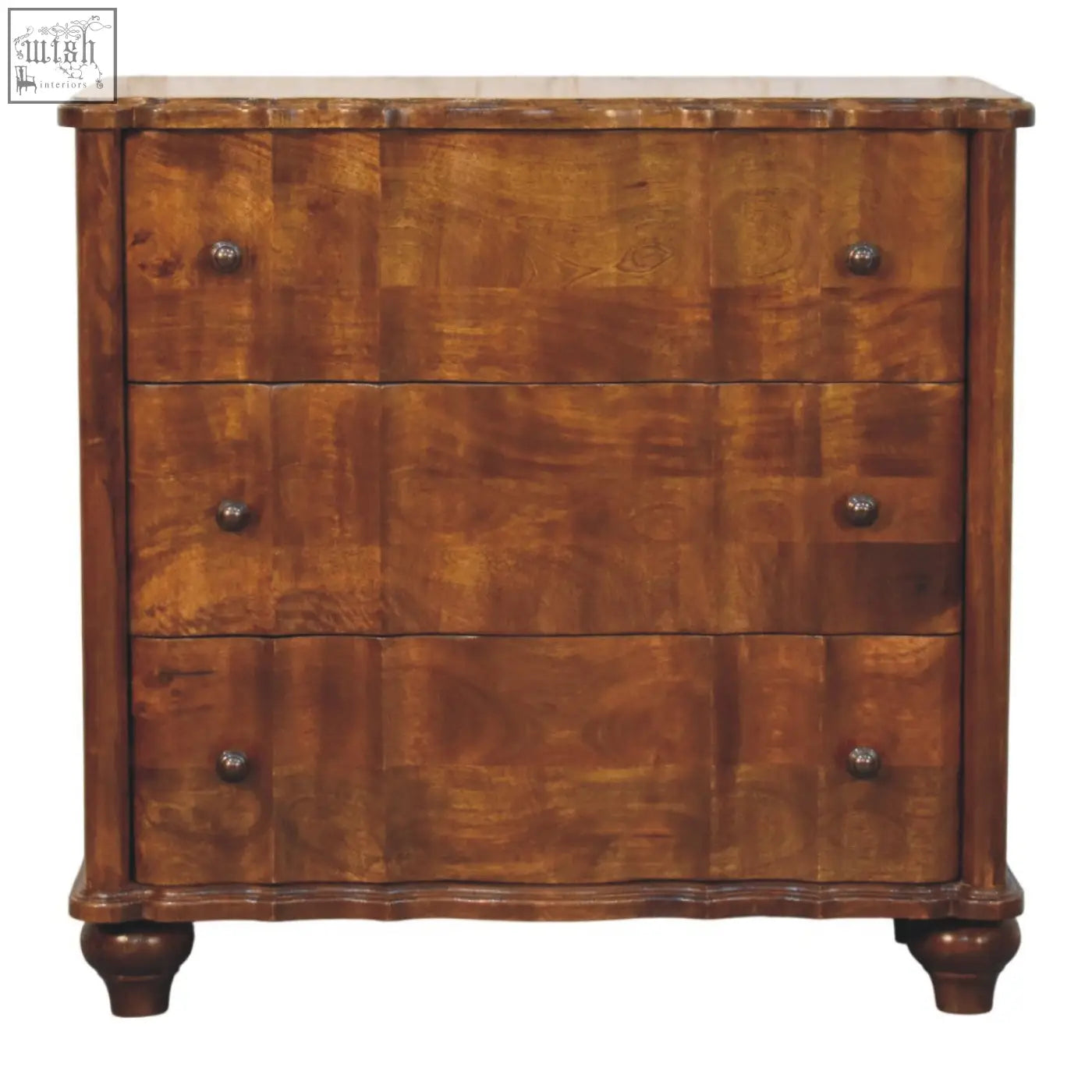 Antique-style wooden lume 3 drawer chest with three-tier distinct wood grain and dark metal knobs