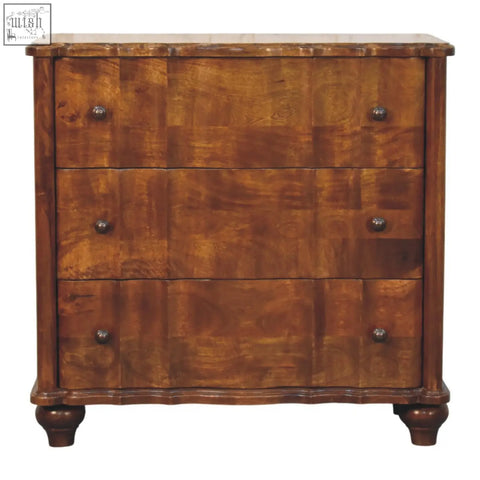 Antique-style wooden lume 3 drawer chest with three-tier distinct wood grain and dark metal knobs