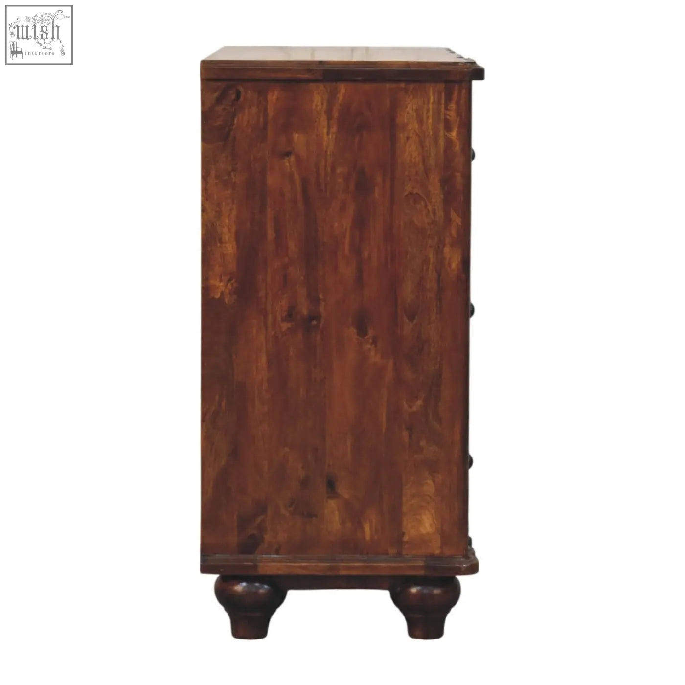 Dark brown wooden lume 3 drawer chest dresser with visible grain and turned legs for stylish storage