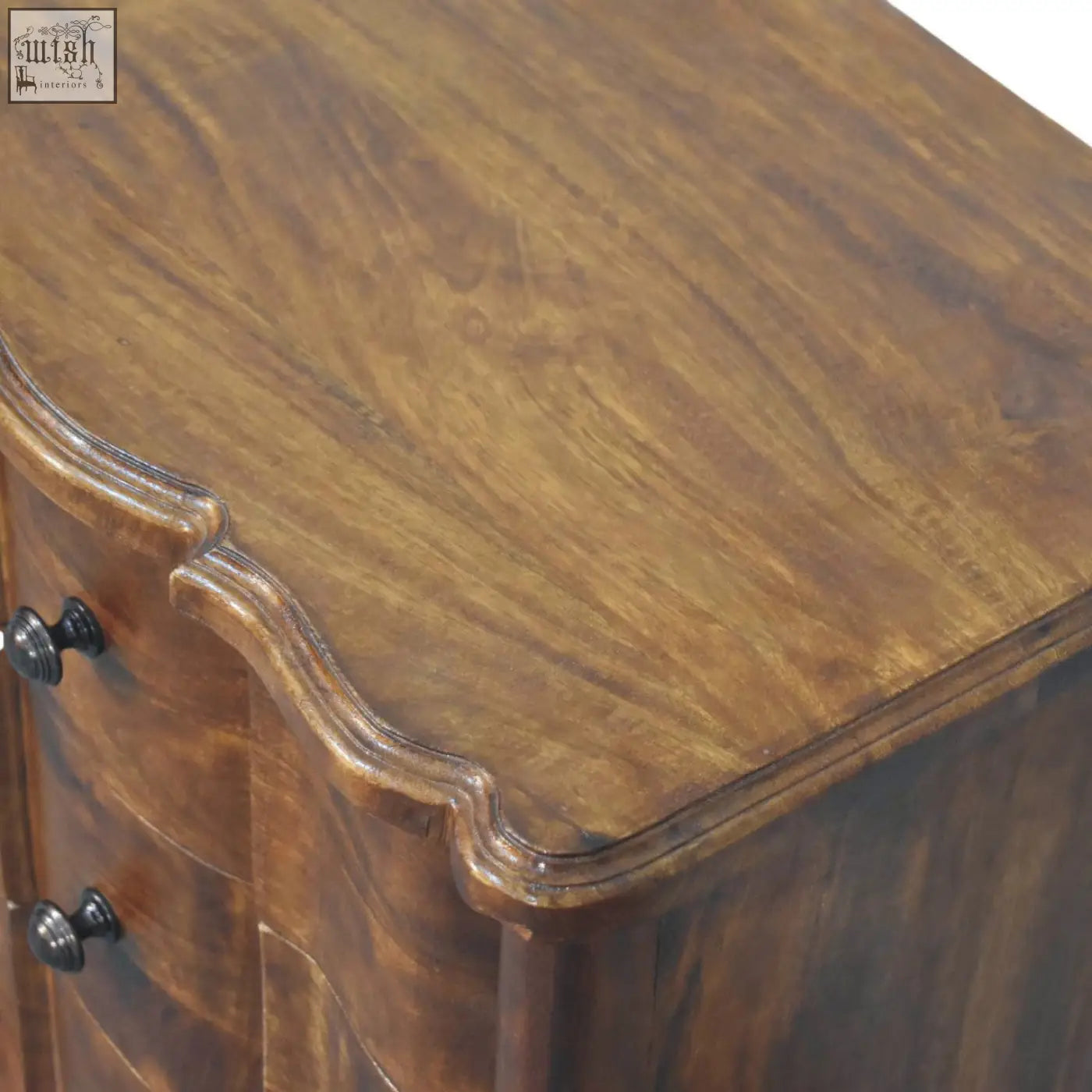 Antique style wooden bedside table with warm brown finish and elegant curved edges lume panel bedside table