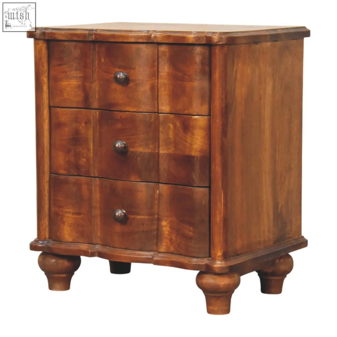 Lume panel bedside table in warm wood with three drawers and rounded turned legs perfect as a bedside table