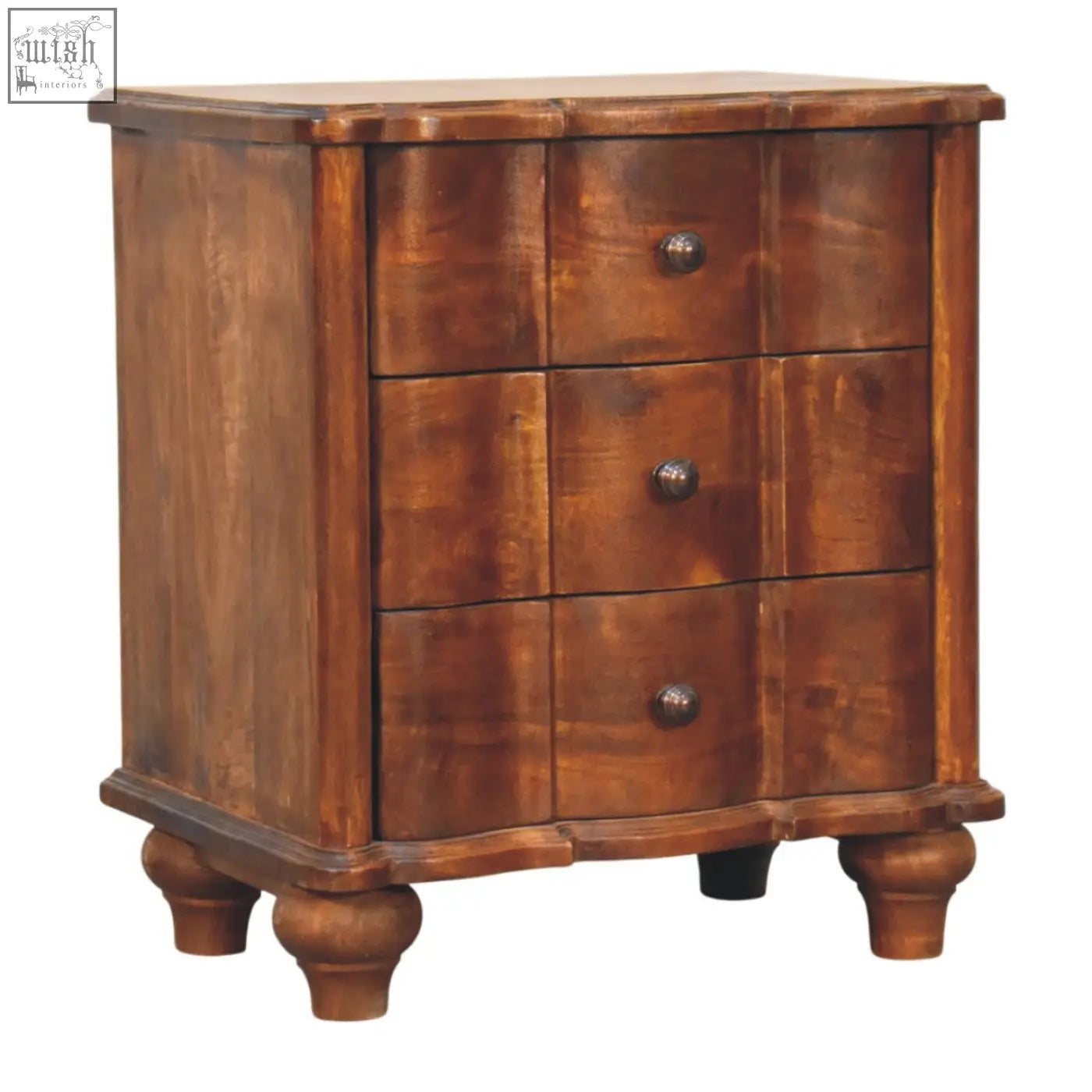 Rustic brown wooden lume panel bedside table with three drawers and round metallic knobs on turned legs