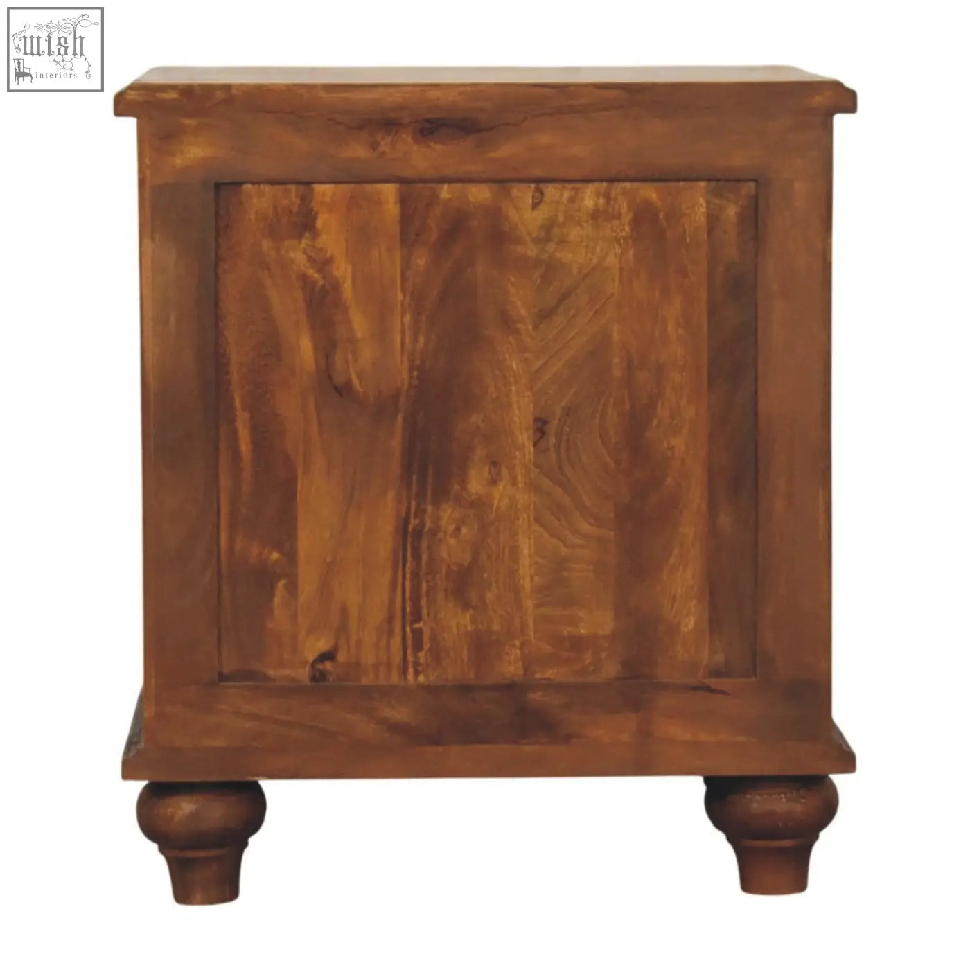 Rustic brown wooden bedside table with two doors and turned legs for cozy bedroom storage