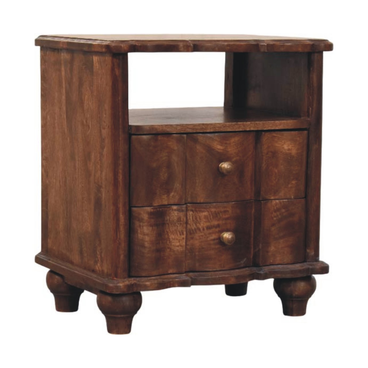 Dark brown bedside table with two drawers and rounded brass knobs in solid mango wood with roasted almond finish