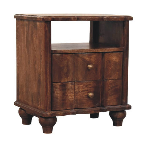 Dark brown bedside table with two drawers and rounded brass knobs in solid mango wood with roasted almond finish