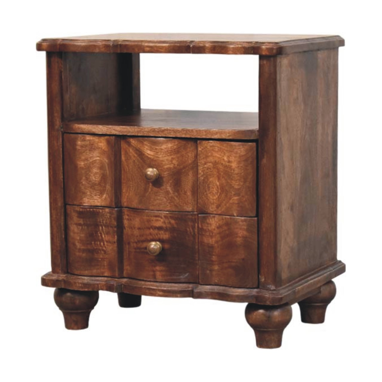 Dark brown wooden bedside table with two drawers and open shelf in solid mango wood roasted almond finish