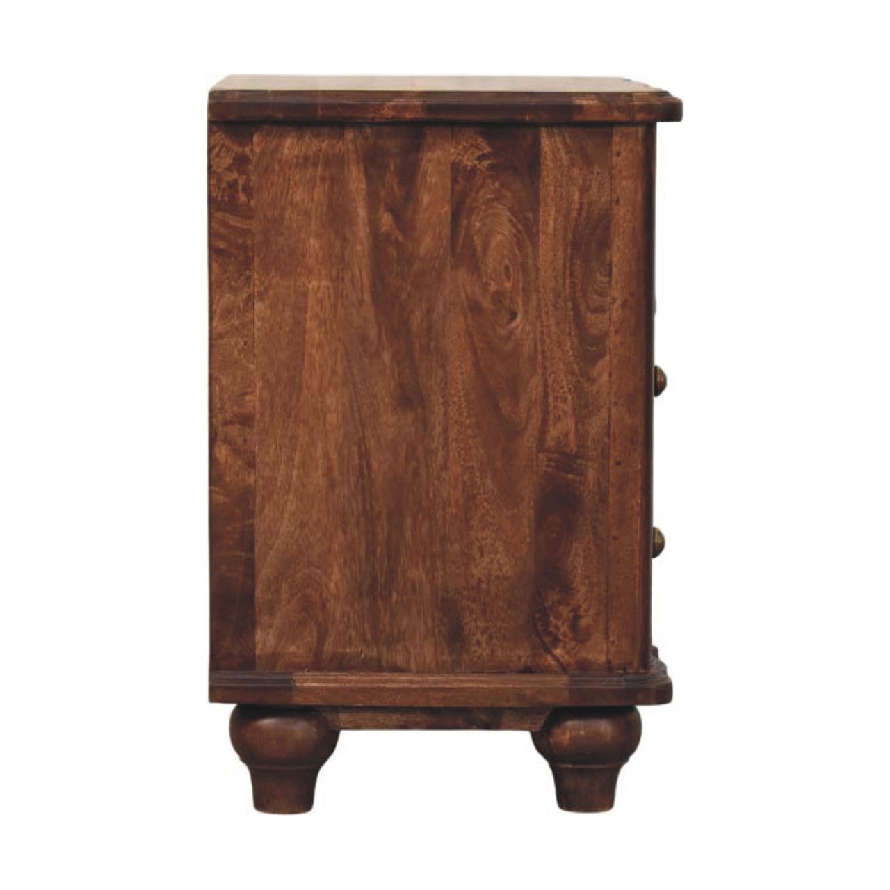 Dark brown bedside table made of solid mango wood with roasted almond finish and rounded legs perfect for bedrooms
