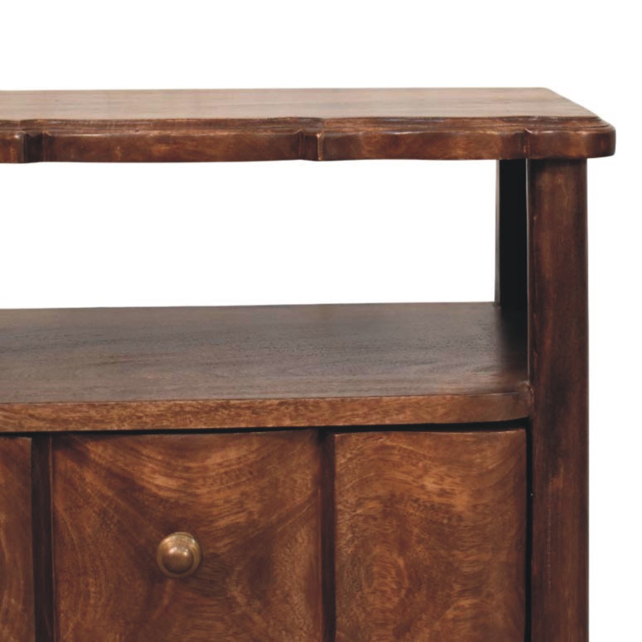 Dark brown wooden bedside table with scalloped edges and brass knobs in solid mango wood roasted almond finish