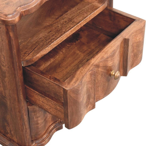 Lume roasted shelf bedside table in rich dark brown solid mango wood with roasted almond finish and brass knob drawer