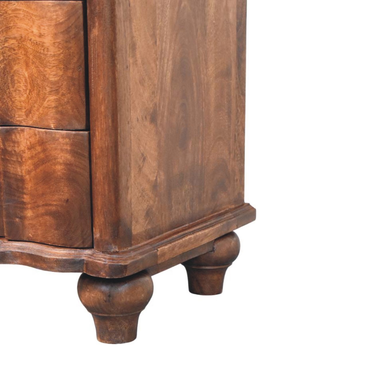 Rustic brown wooden bedside table with curved drawers and turned ball feet in solid mango wood roasted almond finish