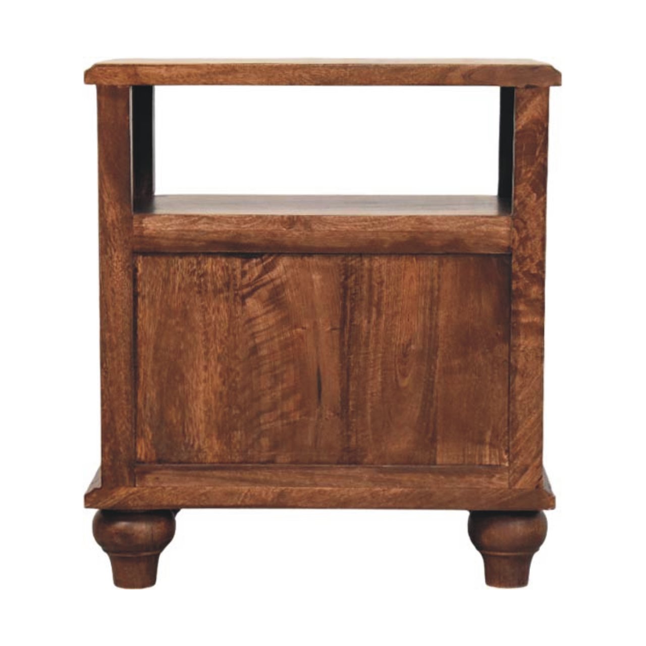 Rustic brown bedside table in roasted almond finish made of solid mango wood with single drawer and open shelf