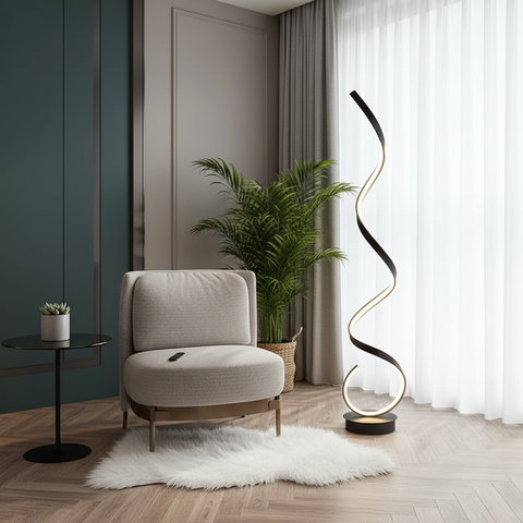 Modern black and gold led floor lamp with sleek curved spiral design ideal for minimalist lighting setups