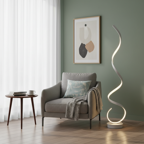 Modern silver spiral floor lamp with glowing led strip and sleek curved design perfect as a led floor lamp