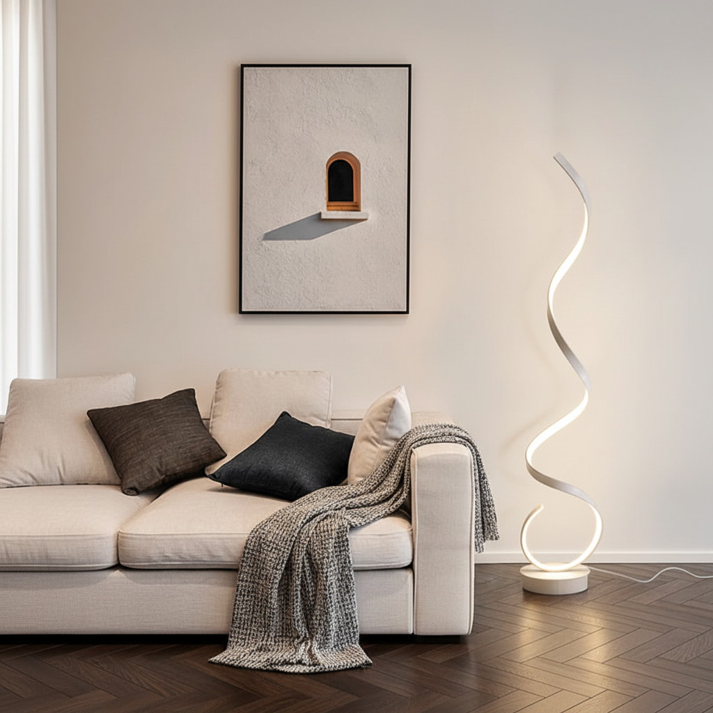 A sleek white led floor lamp with a modern spiral strip design perfect for minimalist lighting setups