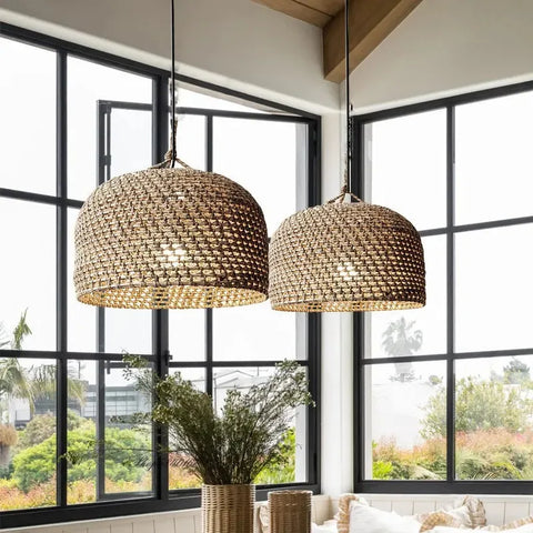 Two woven wicker luna light pendant lights in natural earthy brown with intricate basketweave pattern