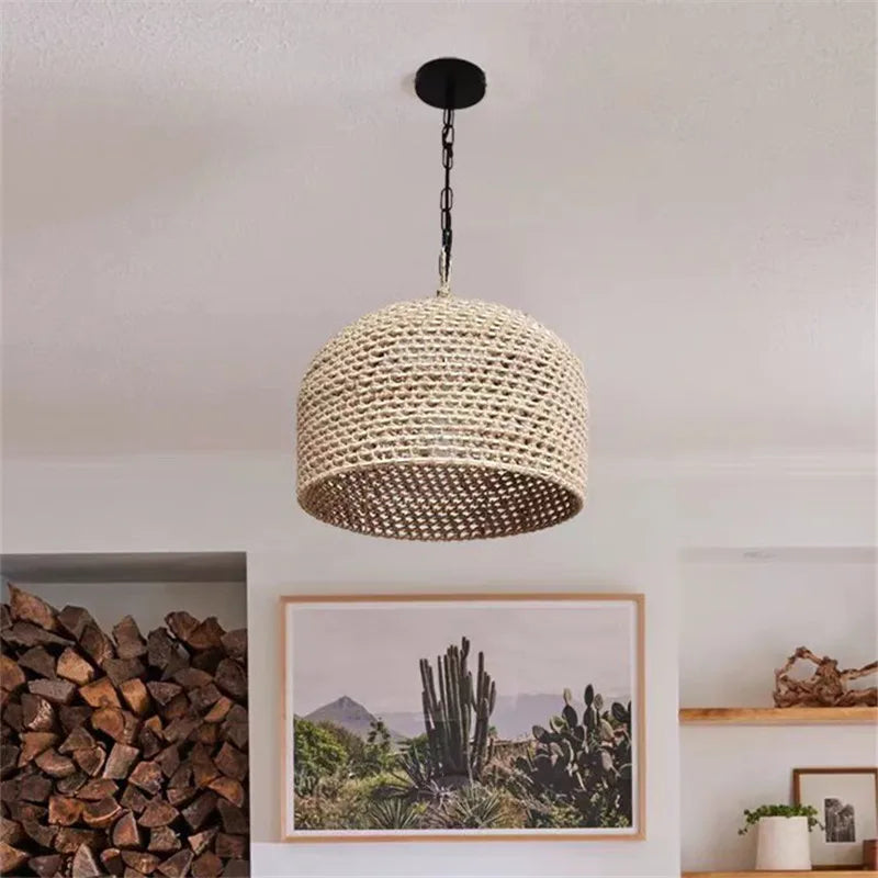 Beige woven rattan luna light pendant light with black chain and ceiling mount perfect for cozy spaces
