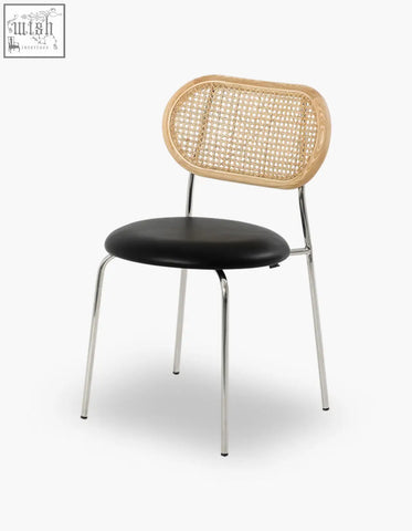 Modern luna dining chair with black seat, oval rattan backrest in oak frame and slender chrome legs perfect as a dining chair