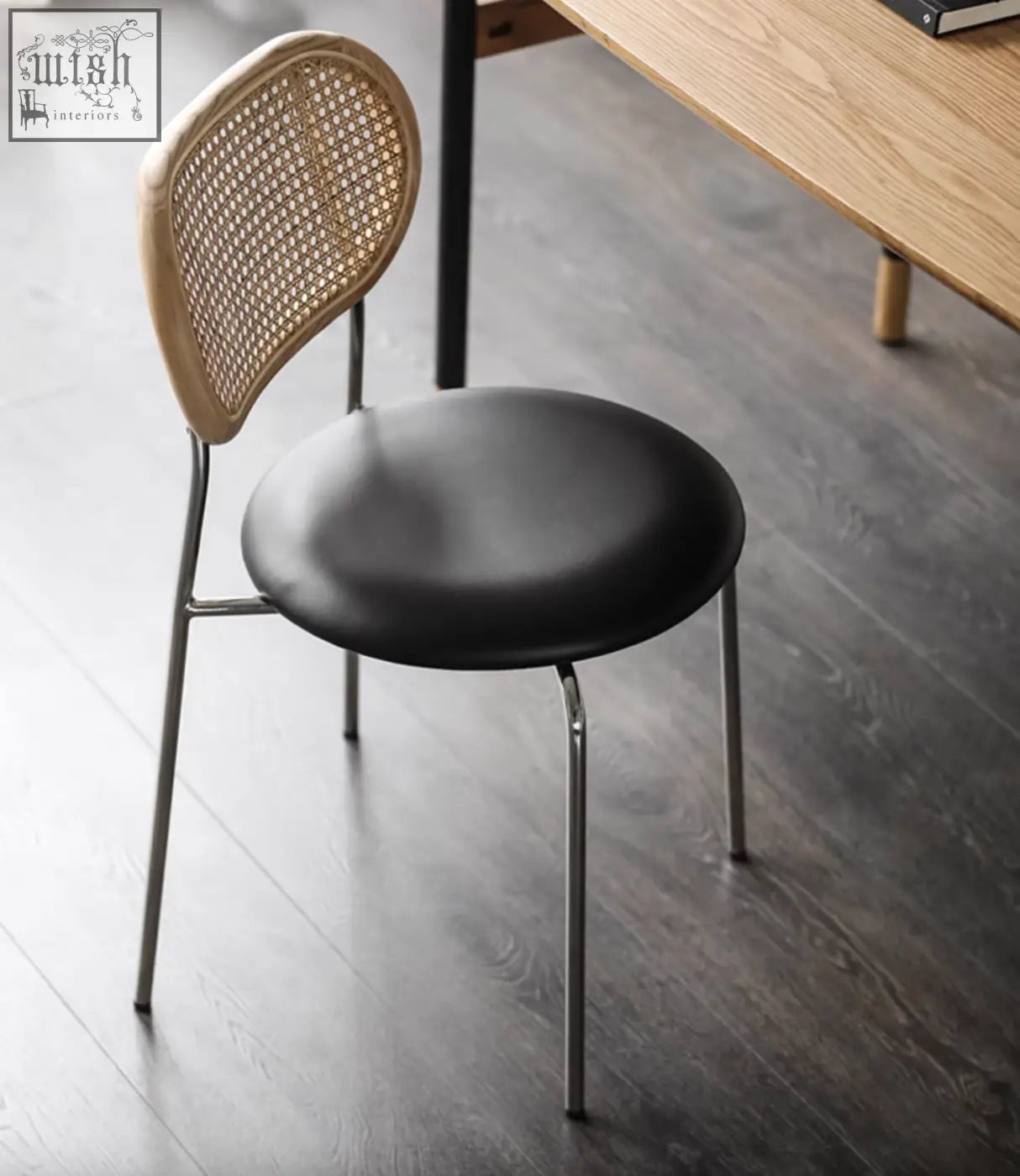 Oak luna dining chair with black upholstered seat woven cane rattan backrest and slim metal legs dining chair
