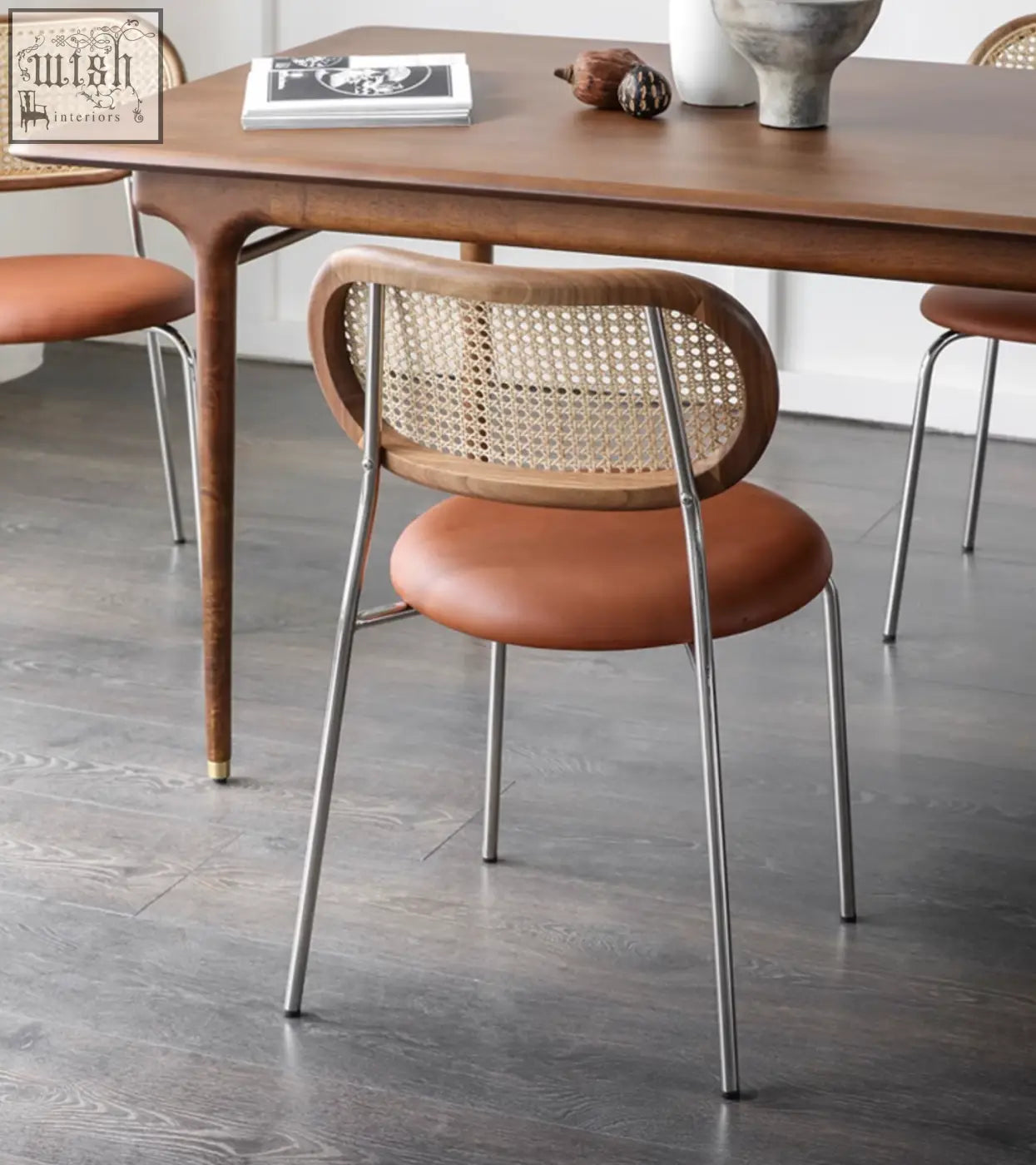 Brown leather seat and cane back luna dining chair with metal legs and oak frame perfect as a dining chair
