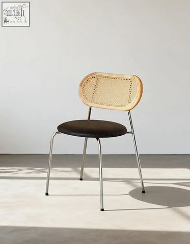 Modern luna rattan dining chair with light cane backrest oak finish black seat and chrome legs perfect dining chair