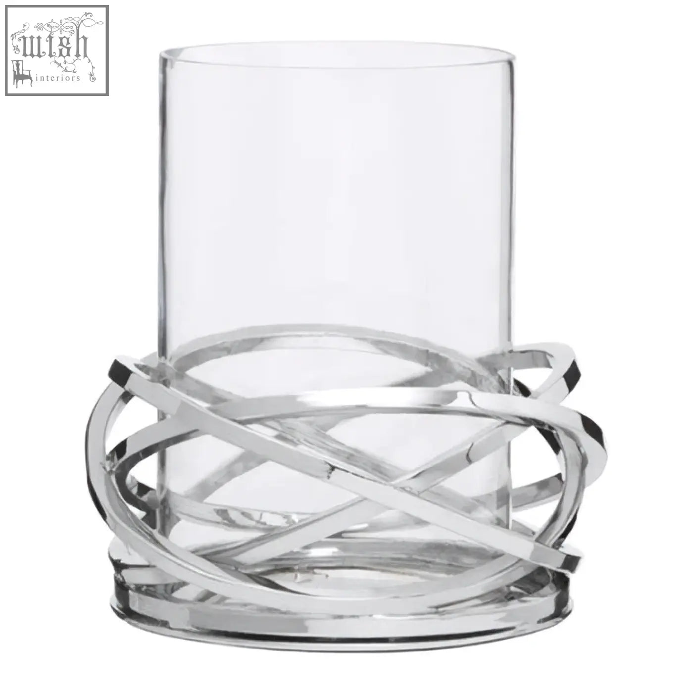 Clear glass candle holder with a sleek interwoven twist small silver finish metal base for elegant decor