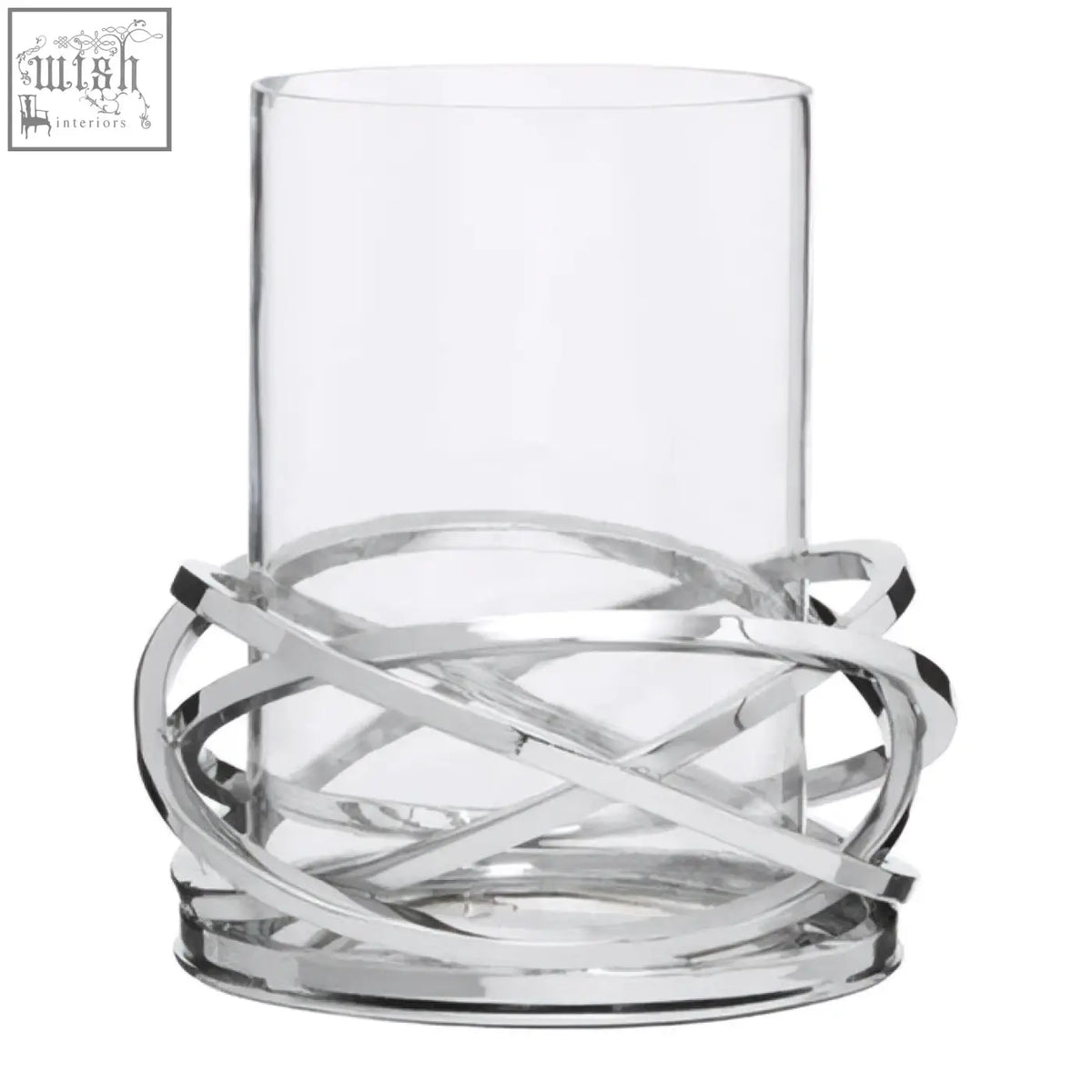 Clear glass candle holder with a sleek interwoven twist small silver finish metal base for elegant decor