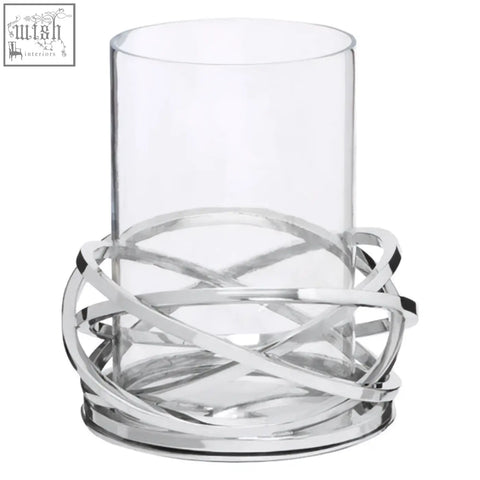 Clear glass candle holder with a twist small silver finish interwoven metallic base for elegant decor