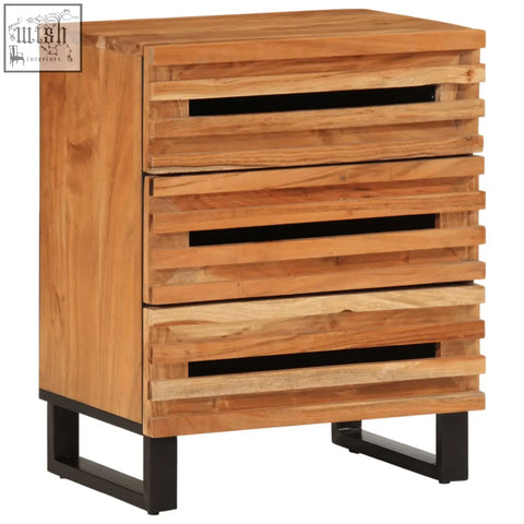 Rustic bedside cabinet with three slatted drawers and black metal legs made from solid acacia wood 34cm