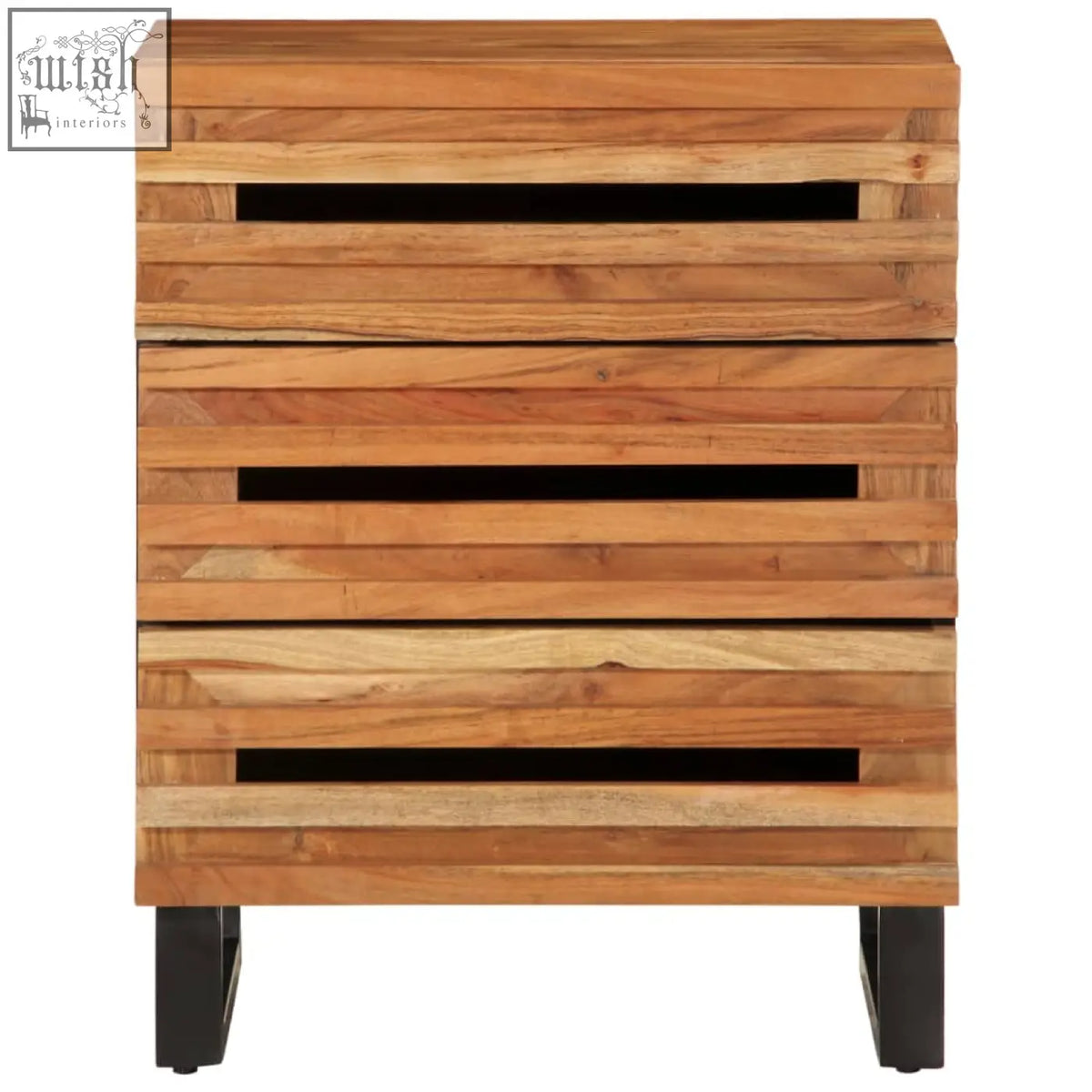 Rustic bedside cabinet with three drawers in natural solid acacia wood finish perfect for bedroom storage