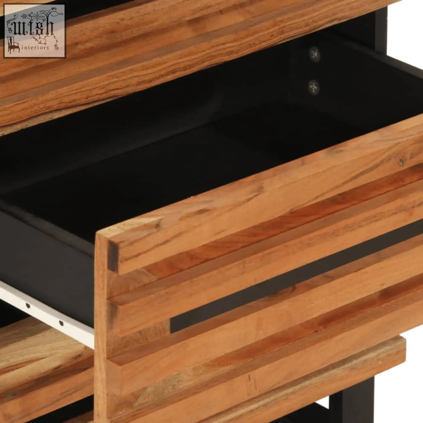 Solid acacia wood bedside cabinet drawer with natural grain finish and black metal accents 34cm lunera acacia wood