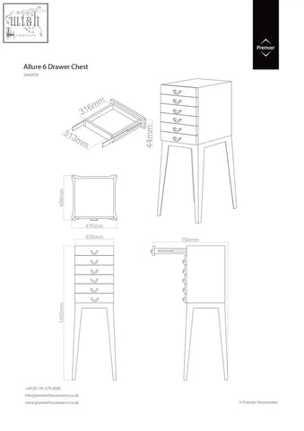 Premier allure lure stainless steel 6 drawer chest with mirrored surface and tapered legs for modern storage