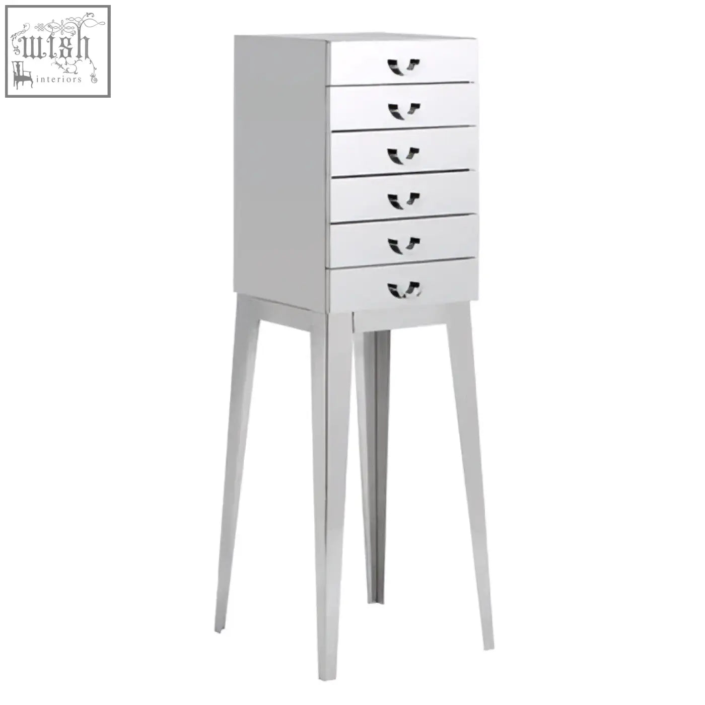 Silver mirrored jewelry armoire with lure stainless steel drawers and tapered legs for stylish storage