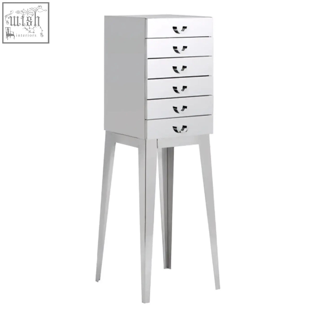 Silver mirrored jewelry armoire with lure stainless steel drawers and tapered legs for stylish storage