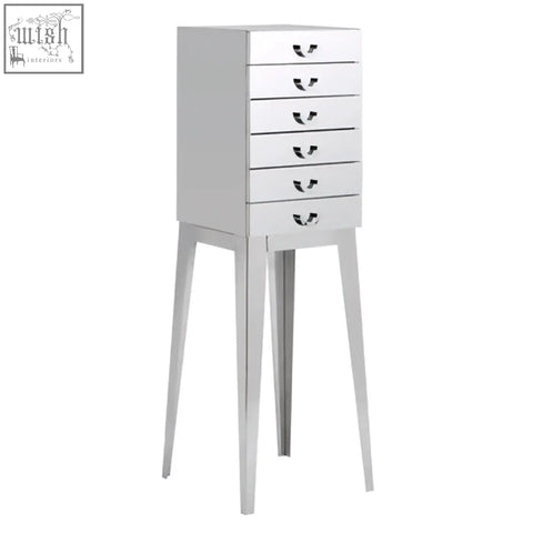 Silver mirrored jewelry armoire with lure stainless steel drawers and tapered legs for stylish storage